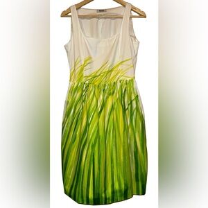 Moschino Cheap and Chic Watercolor White Green Grass Flare Dress Size 8 Cotton